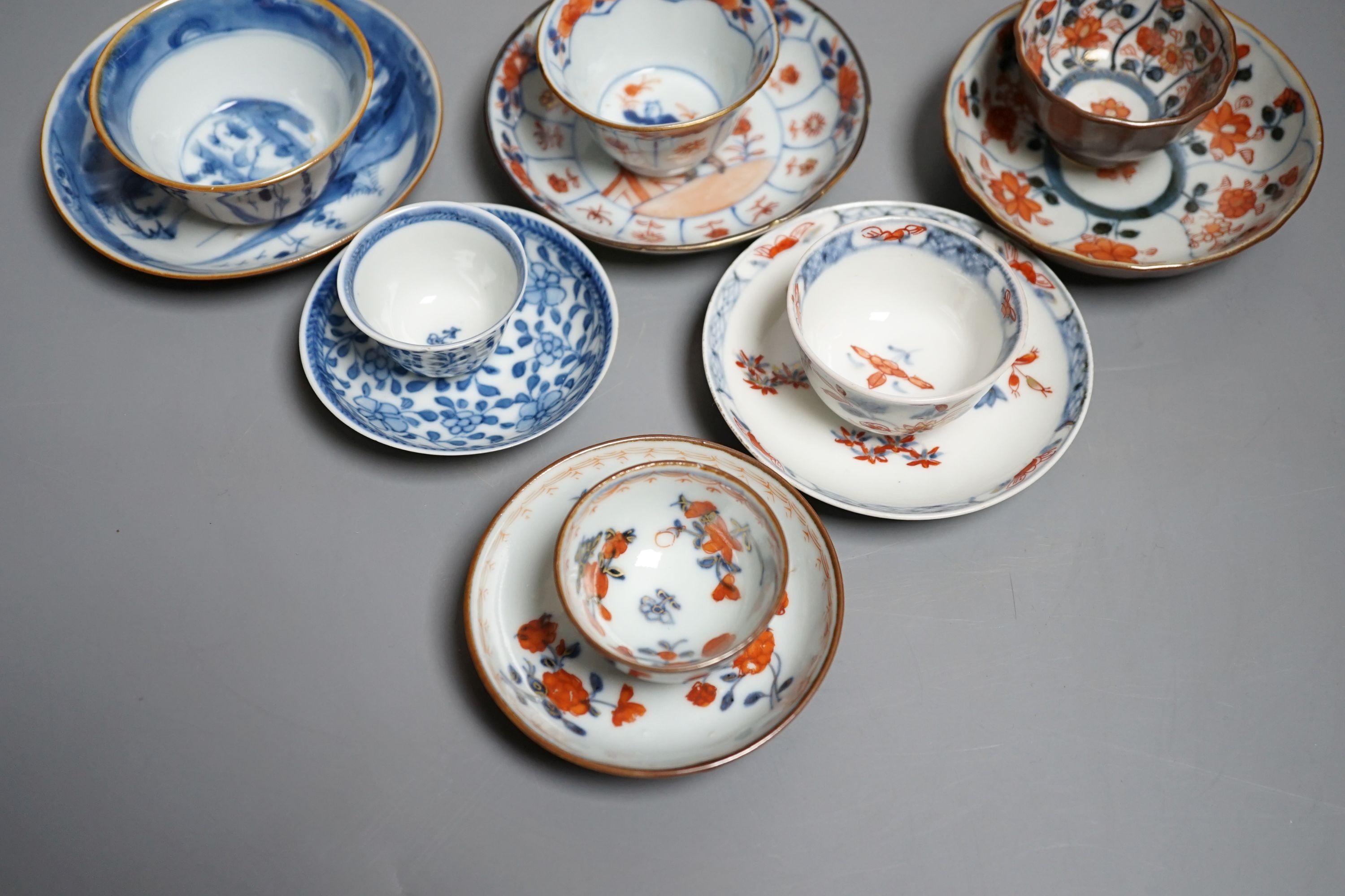 Six Chinese export porcelain teabowls and saucers, Kangxi to early Qianlong period. Provenance - Mona Sattin collection of miniature cups and saucers, collection no.s 310, 317, 324-326 and 328.